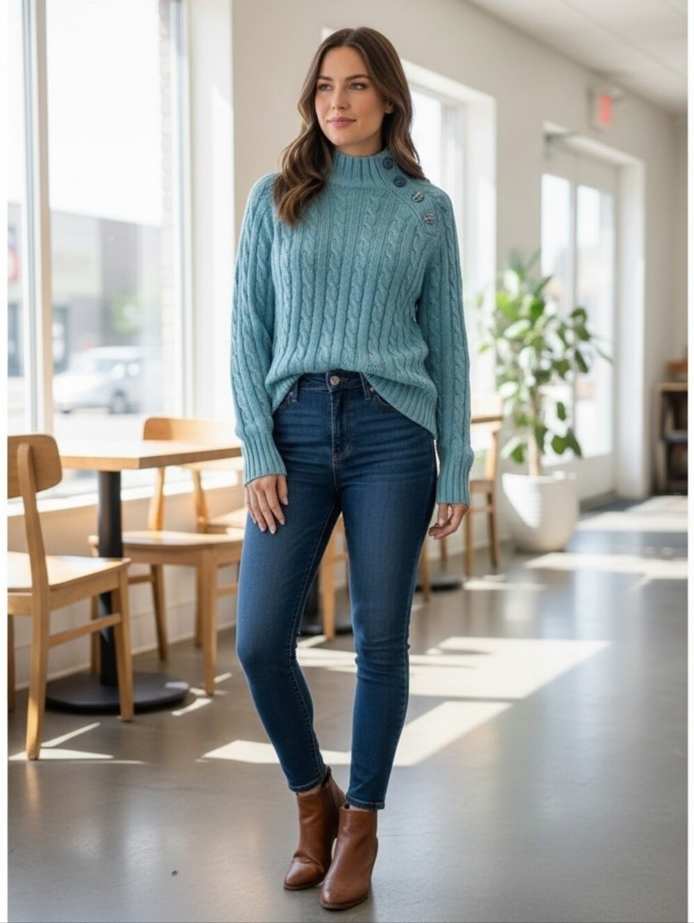 Vintage Wainscott cotton cable knit Blue Mock Turtle Neck Button sweater, SMALL